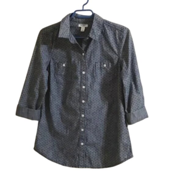 OLD NAVY men's grey blue button down long sleeves dress short polka dot - Picture 1 of 8